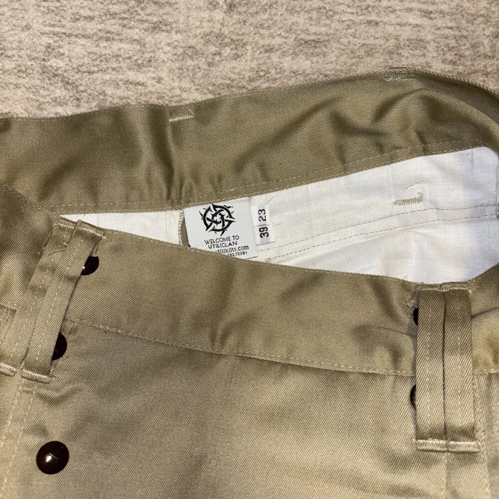 Utilikilt Men's Khaki Utility Kilt Size 39x23 EUC Snap Closure Heavy Duty Y2K
